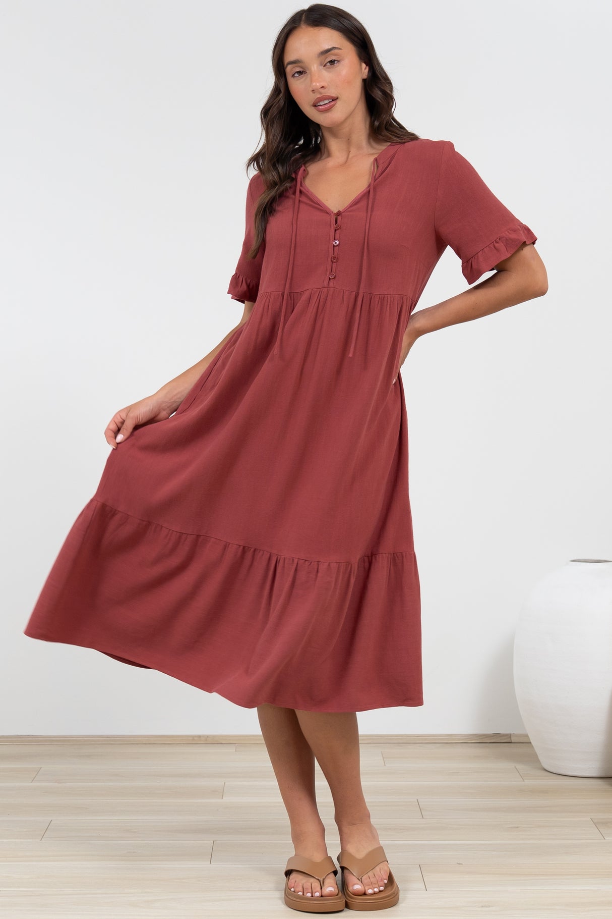 Madalena Midi Dress - Mandarin Collar Buttoned Bodice Smock Dress in Terracotta