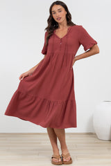 Madalena Midi Dress - Mandarin Collar Buttoned Bodice Smock Dress in Terracotta