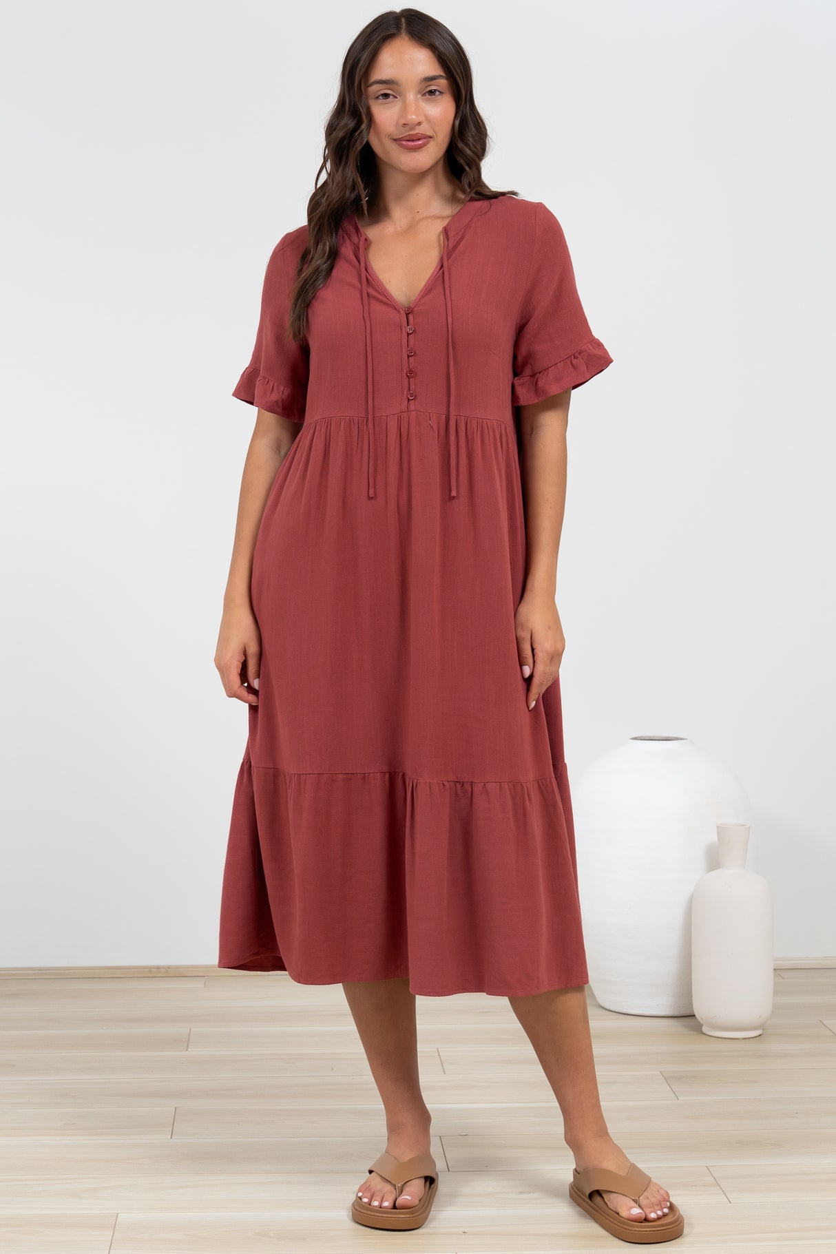 Madalena Midi Dress - Mandarin Collar Buttoned Bodice Smock Dress in Terracotta