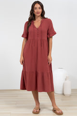 Madalena Midi Dress - Mandarin Collar Buttoned Bodice Smock Dress in Terracotta