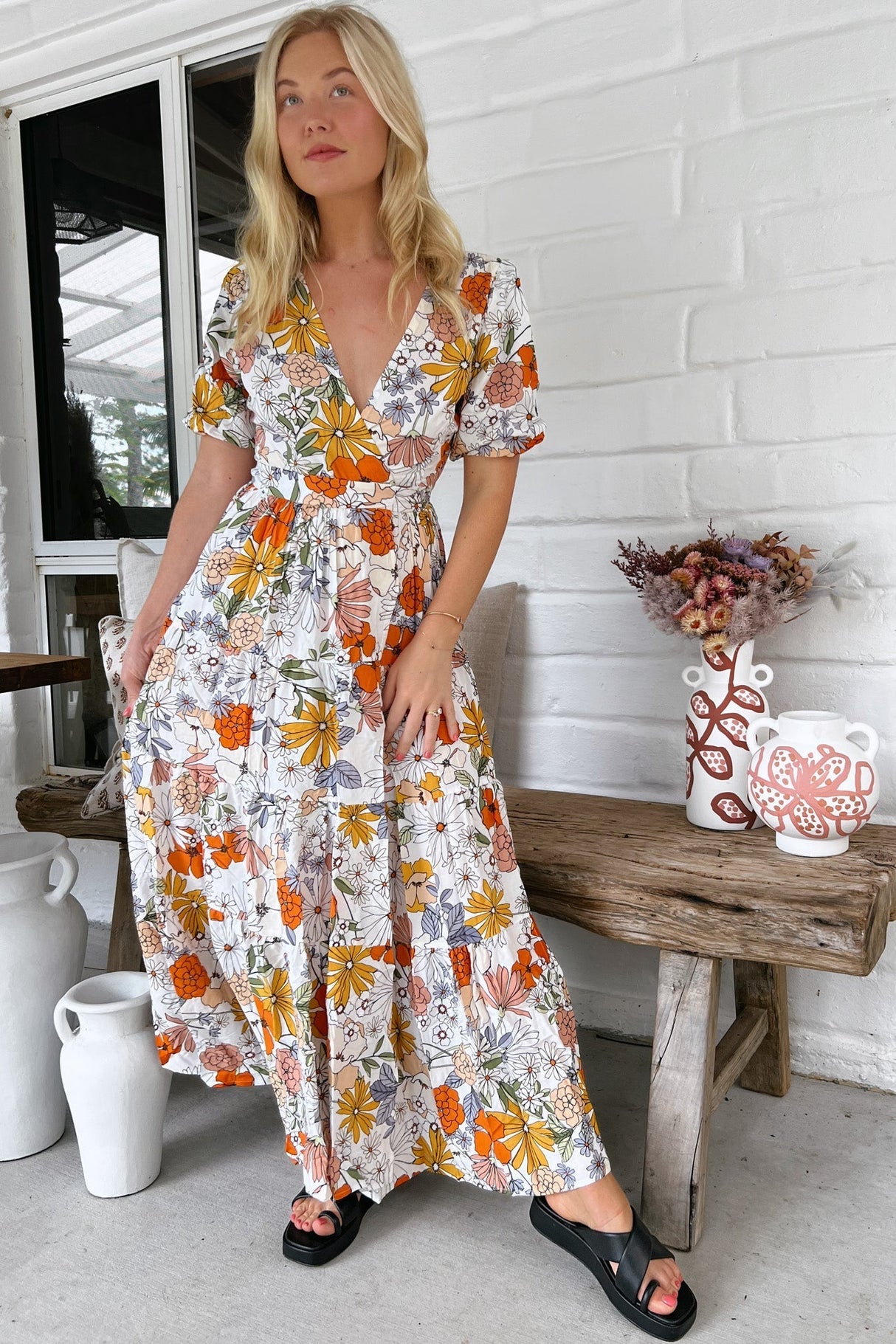 JAASE - Maddi Midi Dress: Short Sleeve Tiered Wrap Dress in Dalilah Print