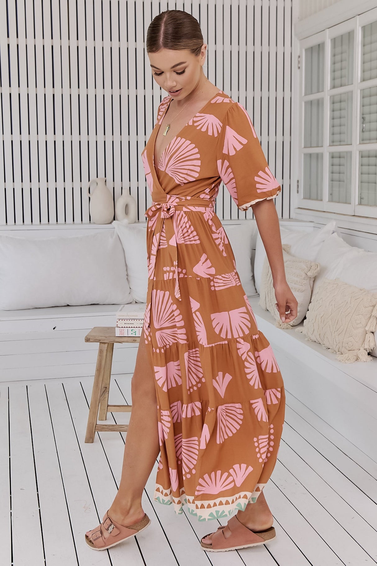 Maddi Maxi Dress - Short Sleeve Tiered Wrap Dress in Suga Print