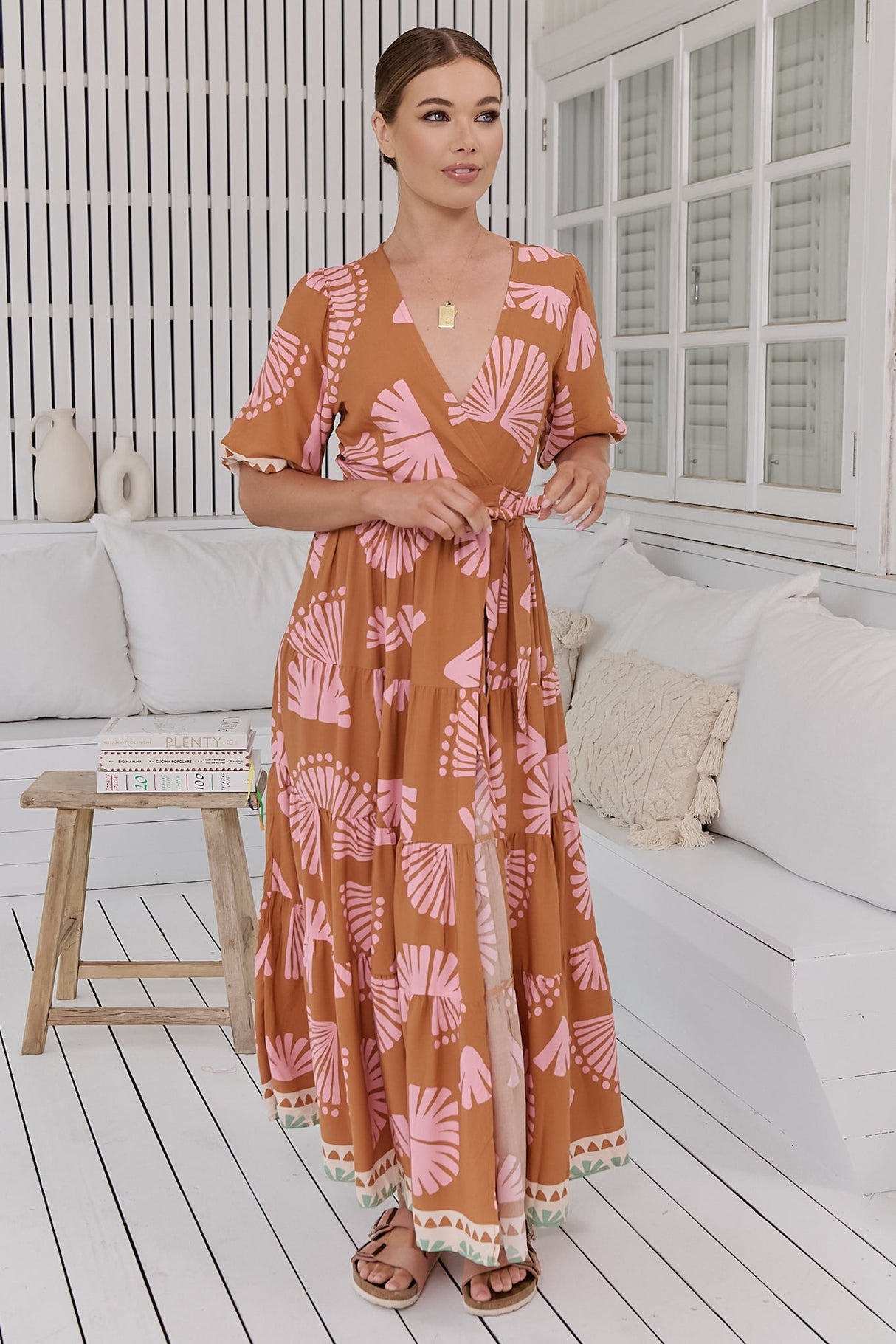 Maddi Maxi Dress - Short Sleeve Tiered Wrap Dress in Suga Print