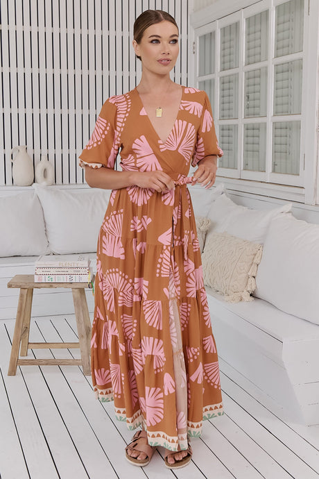 JAASE - Maddi Maxi Dress: Short Sleeve Tiered Wrap Dress in Suga Print