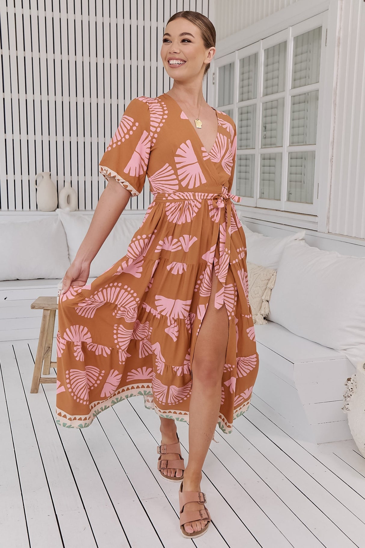 Maddi Maxi Dress - Short Sleeve Tiered Wrap Dress in Suga Print