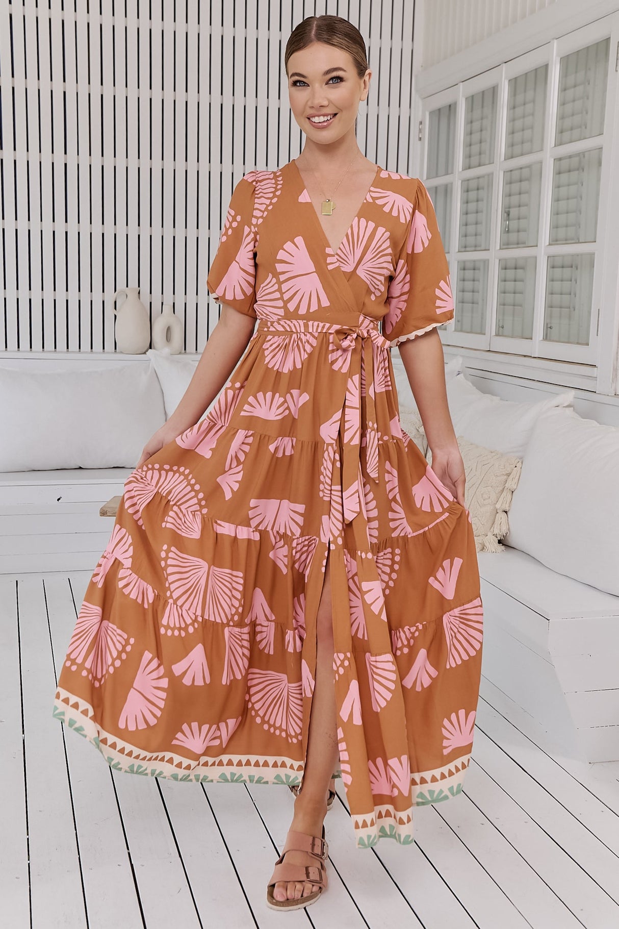 Maddi Maxi Dress - Short Sleeve Tiered Wrap Dress in Suga Print