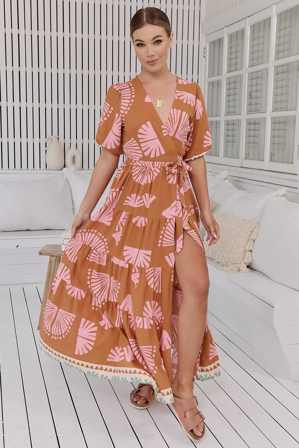 Maddi Maxi Dress - Short Sleeve Tiered Wrap Dress in Suga Print