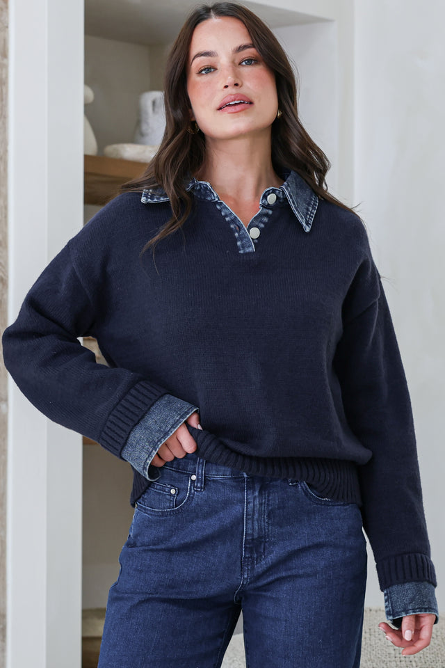 Model wearing Maddie Jumper in Navy from Salty Crush
