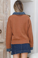 Maddie Jumper - Denim Wing Collar and Cuff Knit Pullover in Tan