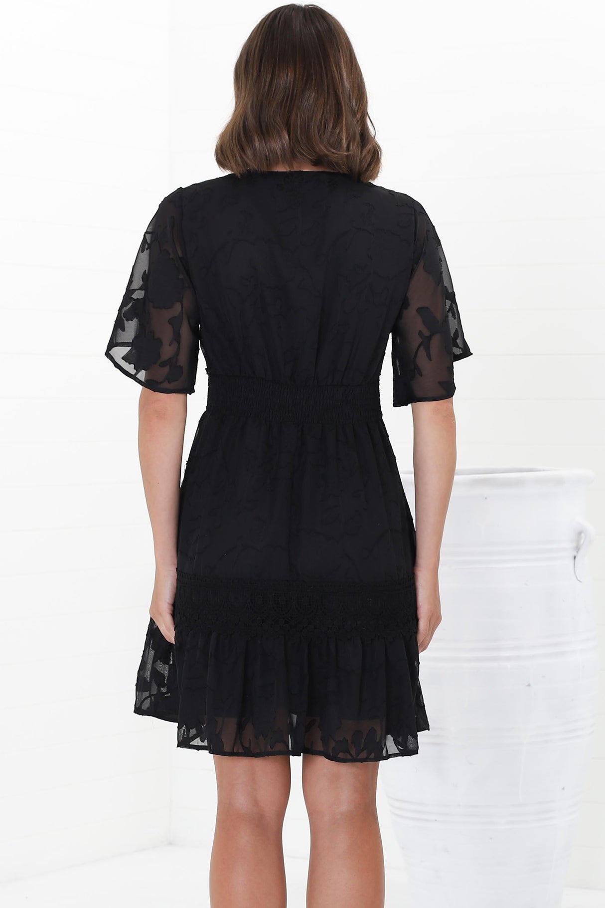 Madeline Mini Dress - Lace Trim Embroidered A Line Dress in Black