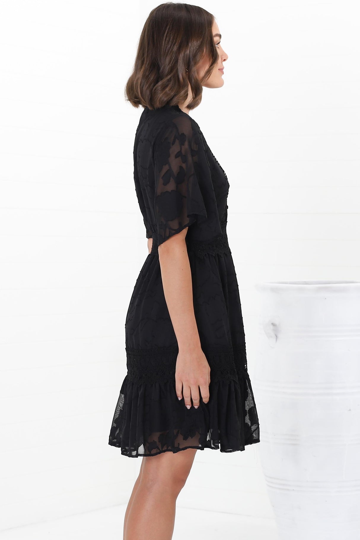 Madeline Mini Dress - Lace Trim Embroidered A Line Dress in Black