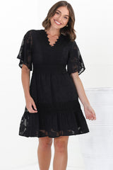 Madeline Mini Dress - Lace Trim Embroidered A Line Dress in Black