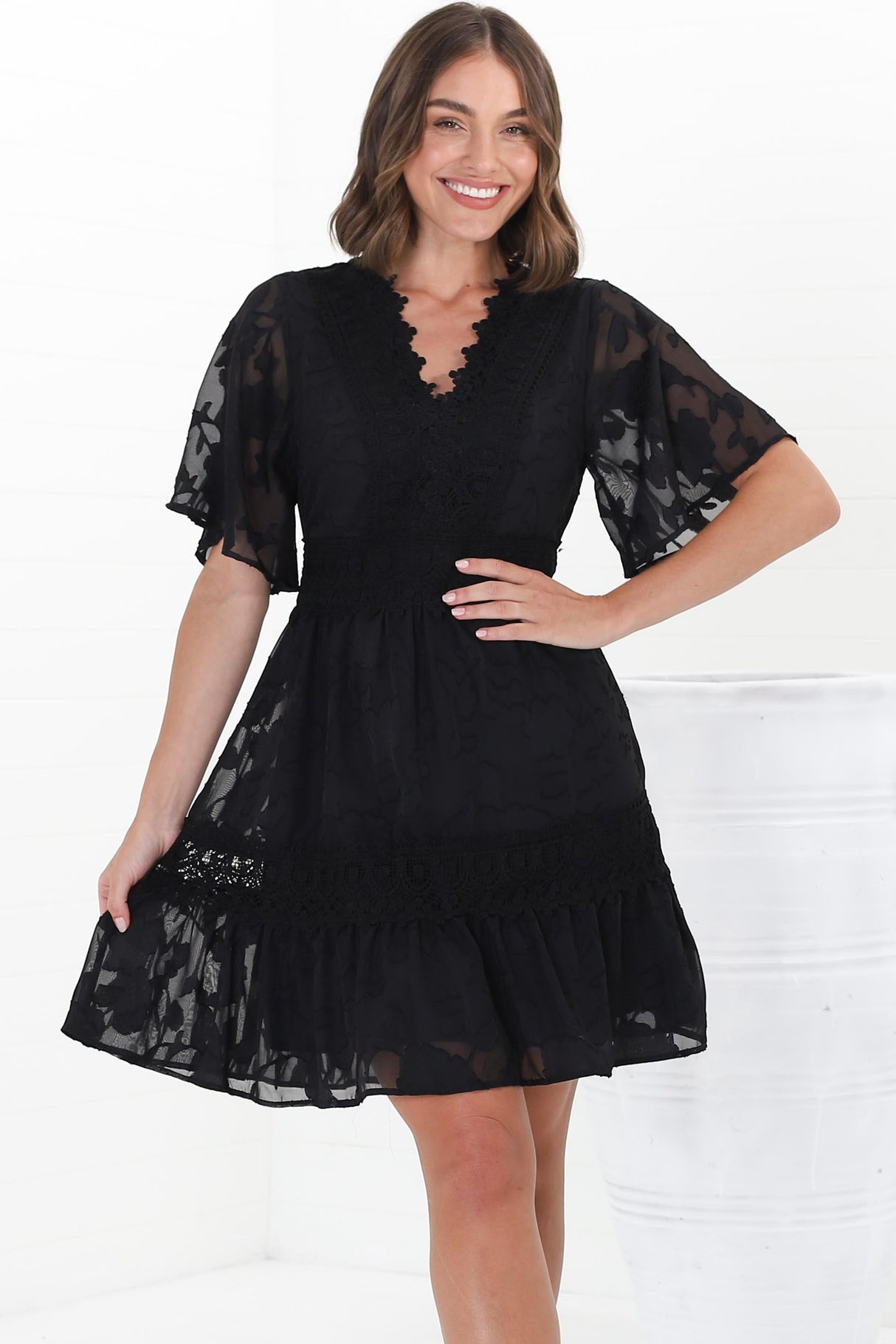 Madeline Mini Dress - Lace Trim Embroidered A Line Dress in Black