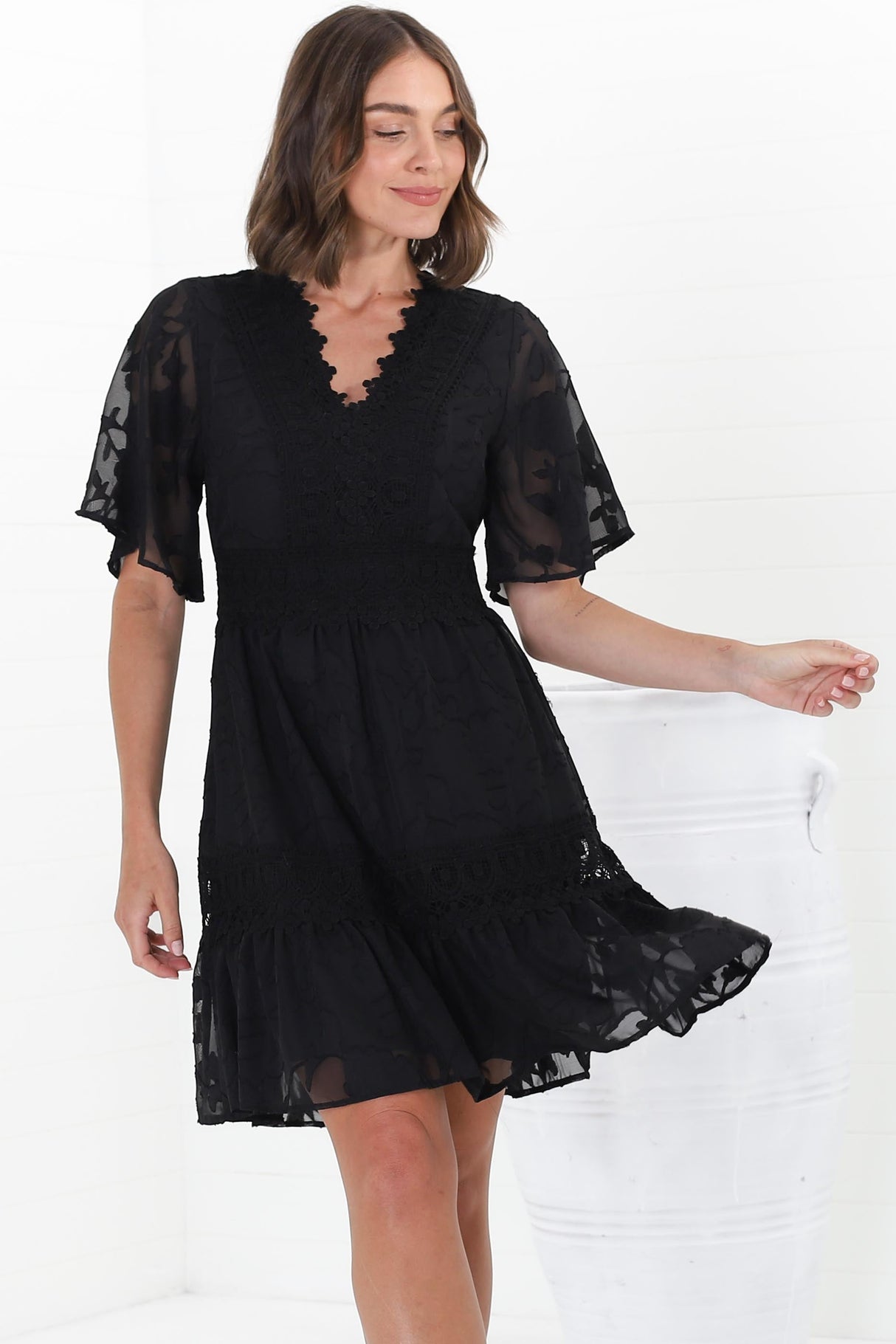 Madeline Mini Dress - Lace Trim Embroidered A Line Dress in Black