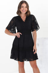 Madeline Mini Dress - Lace Trim Embroidered A Line Dress in Black