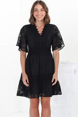 Madeline Mini Dress - Lace Trim Embroidered A Line Dress in Black