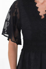 Madeline Mini Dress - Lace Trim Embroidered A Line Dress in Black