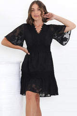 Madeline Mini Dress - Lace Trim Embroidered A Line Dress in Black