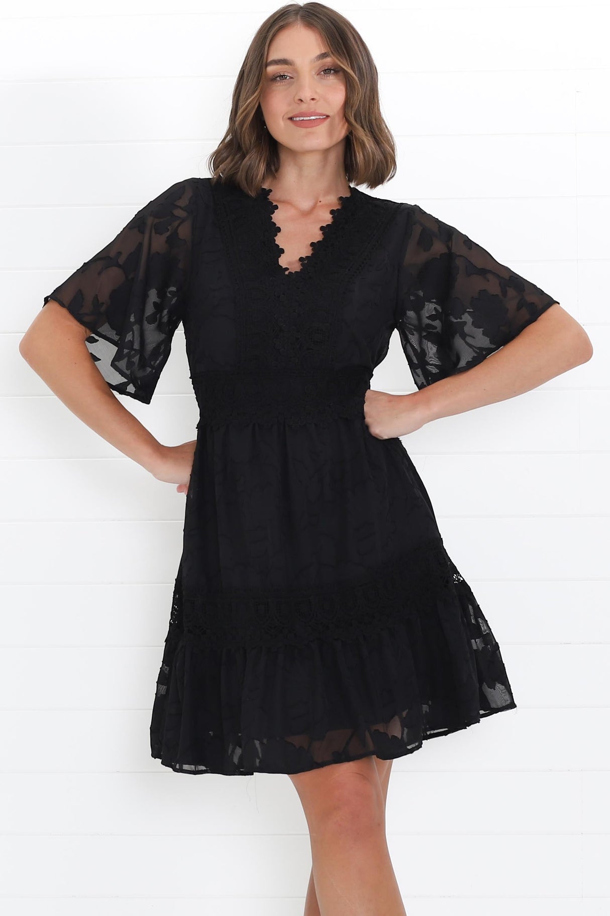 Madeline Mini Dress - Lace Trim Embroidered A Line Dress in Black