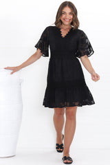 Madeline Mini Dress - Lace Trim Embroidered A Line Dress in Black