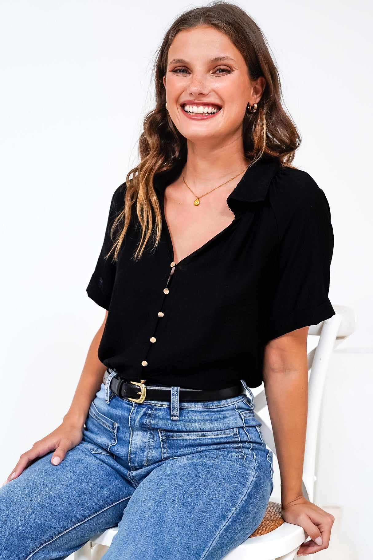 Madge Blouse - Collared Button Down with Short Sleeves in Black
