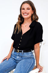 Madge Blouse - Collared Button Down with Short Sleeves in Black