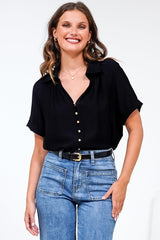 Madge Blouse - Collared Button Down with Short Sleeves in Black