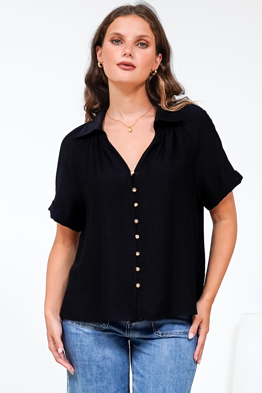 Madge Blouse - Collared Button Down with Short Sleeves in Black