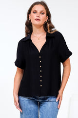 Madge Blouse - Collared Button Down with Short Sleeves in Black