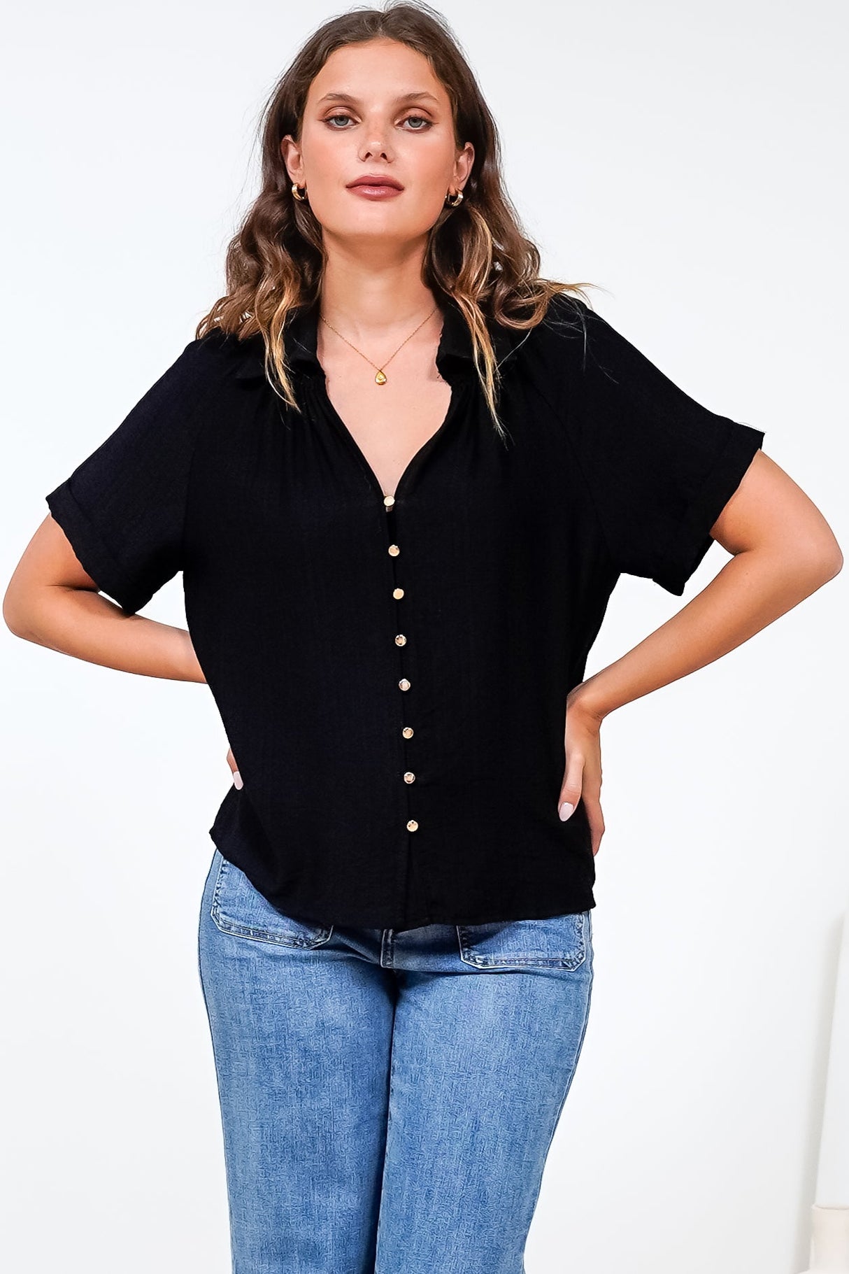 Madge Blouse - Collared Button Down with Short Sleeves in Black