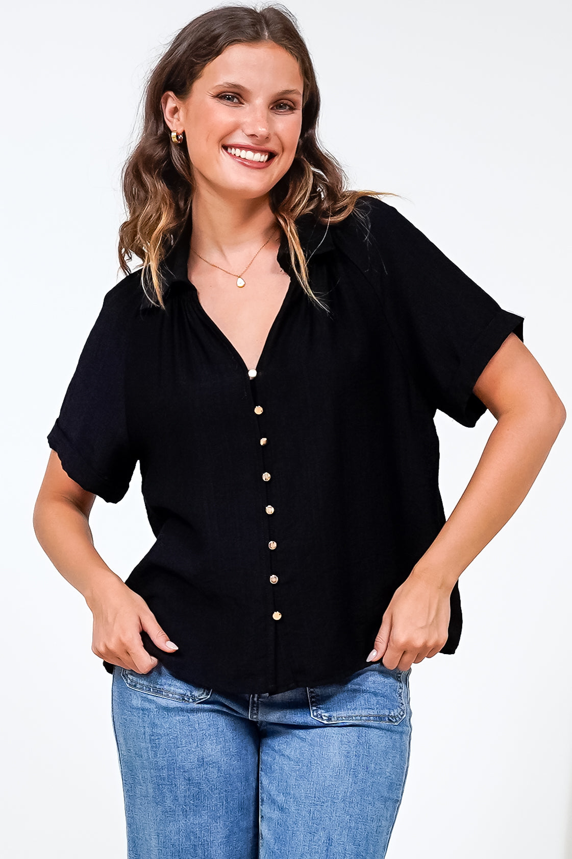 Madge Blouse - Collared Button Down with Short Sleeves in Black