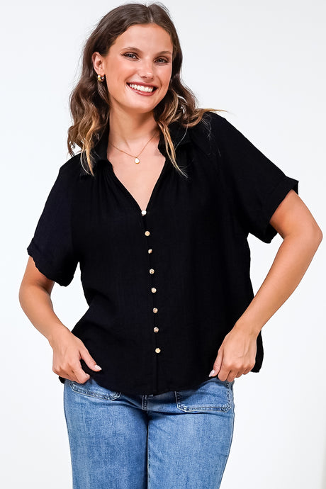 Madge Blouse - Collared Button Down with Short Sleeves in Black