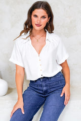 Madge Blouse - Collared Button Down with Short Sleeves in White