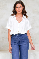 Madge Blouse - Collared Button Down with Short Sleeves in White