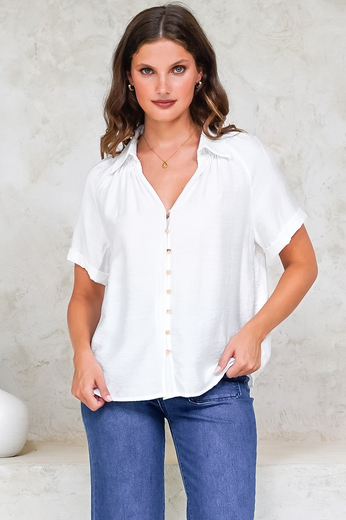 Madge Blouse - Collared Button Down with Short Sleeves in White