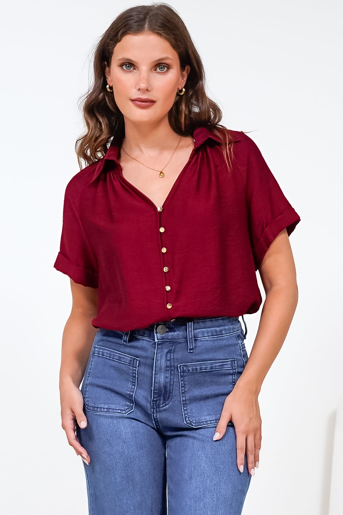 Madge Blouse - Collared Button Down with Short Sleeves in Wine