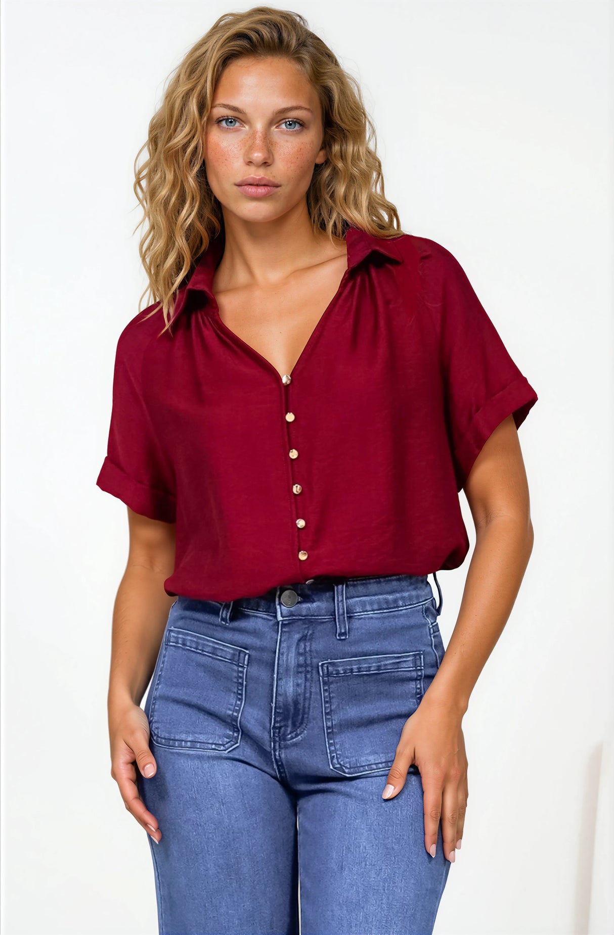 Madge Blouse - Collared Button Down with Short Sleeves in Wine