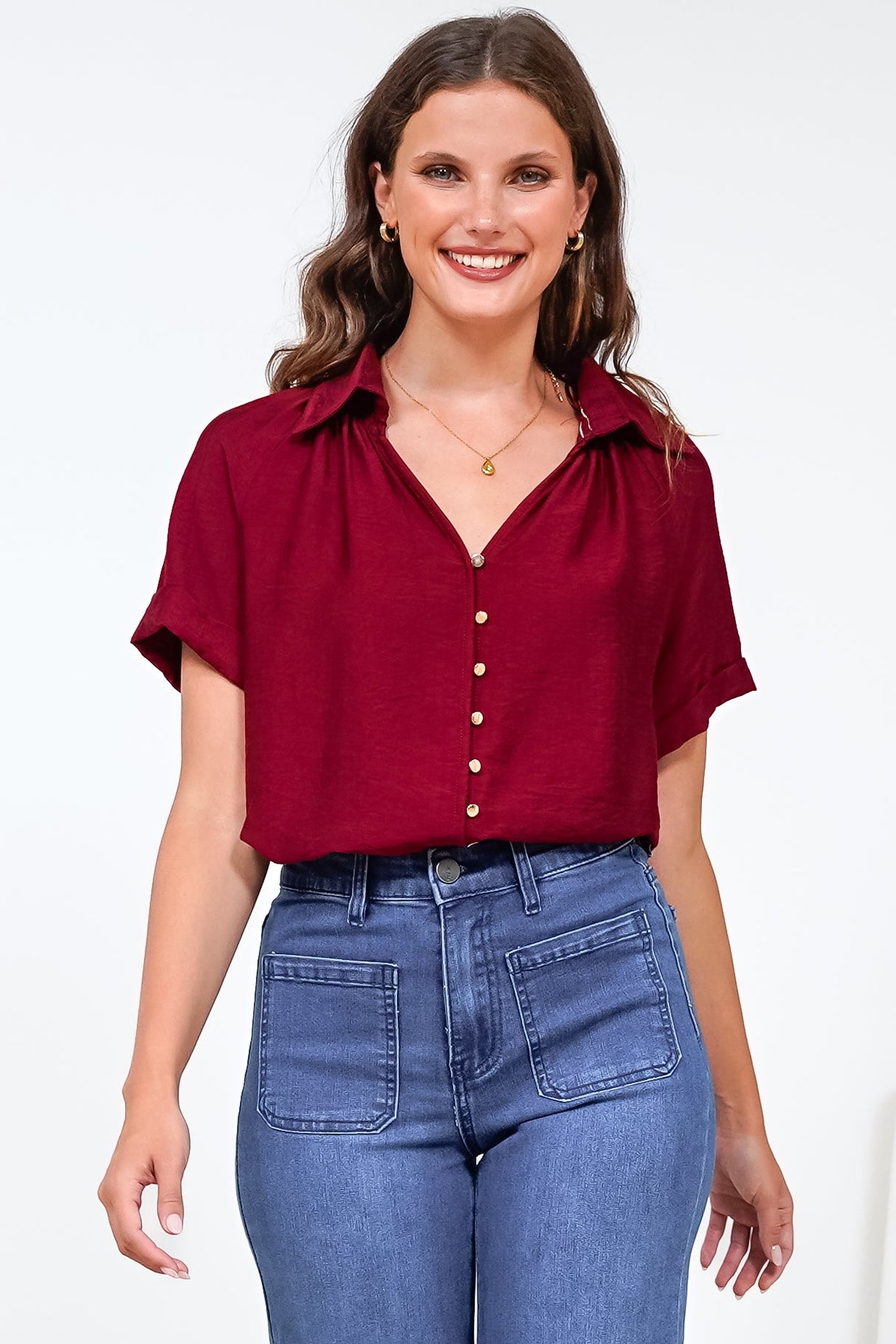 Madge Blouse - Collared Button Down with Short Sleeves in Wine