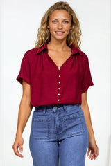 Madge Blouse - Collared Button Down with Short Sleeves in Wine