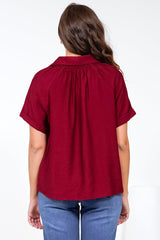 Madge Blouse - Collared Button Down with Short Sleeves in Wine