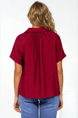 Madge Blouse - Collared Button Down with Short Sleeves in Wine