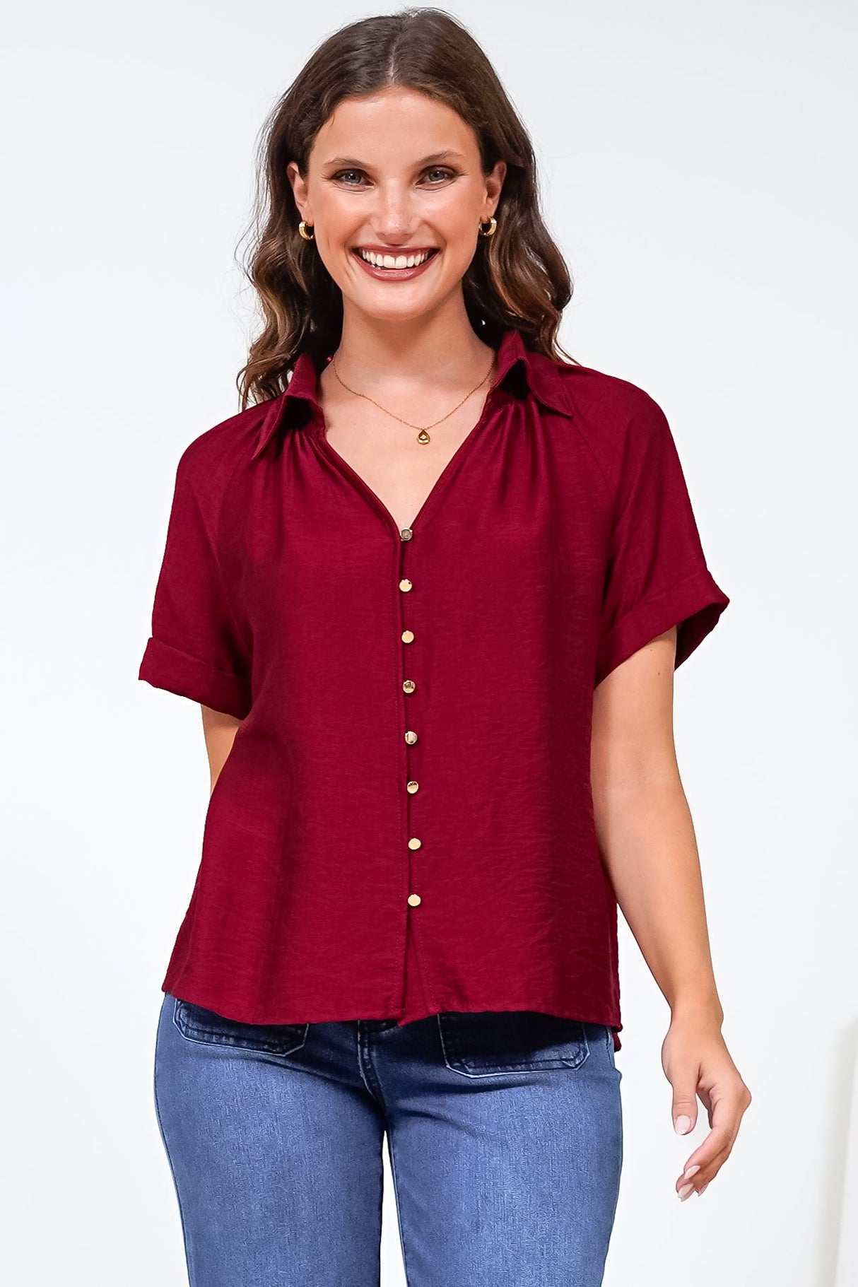 Madge Blouse - Collared Button Down with Short Sleeves in Wine