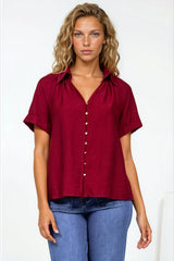 Madge Blouse - Collared Button Down with Short Sleeves in Wine