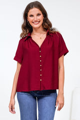 Madge Blouse - Collared Button Down with Short Sleeves in Wine