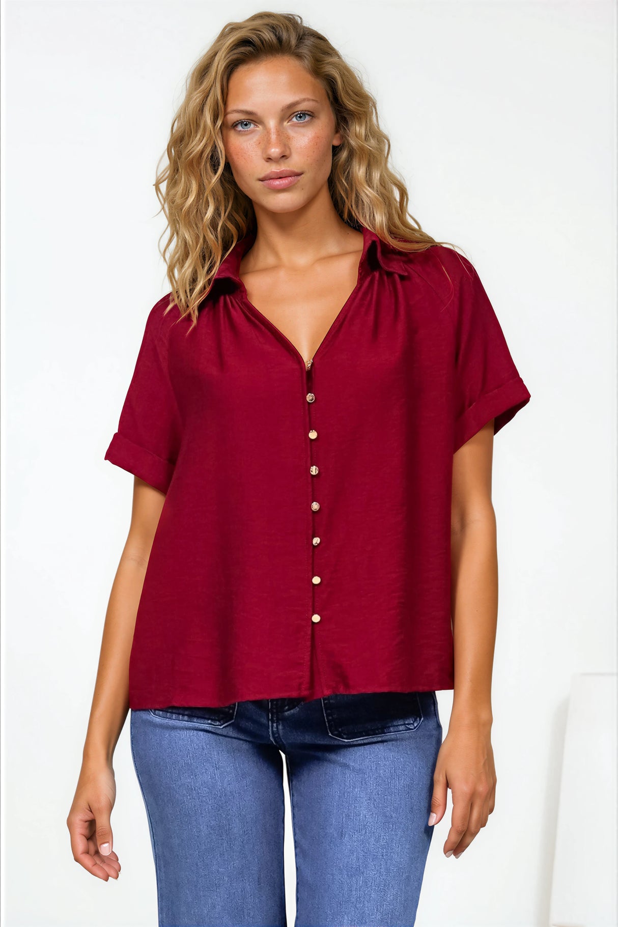 Madge Blouse - Collared Button Down with Short Sleeves in Wine