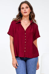 Madge Blouse - Collared Button Down with Short Sleeves in Wine
