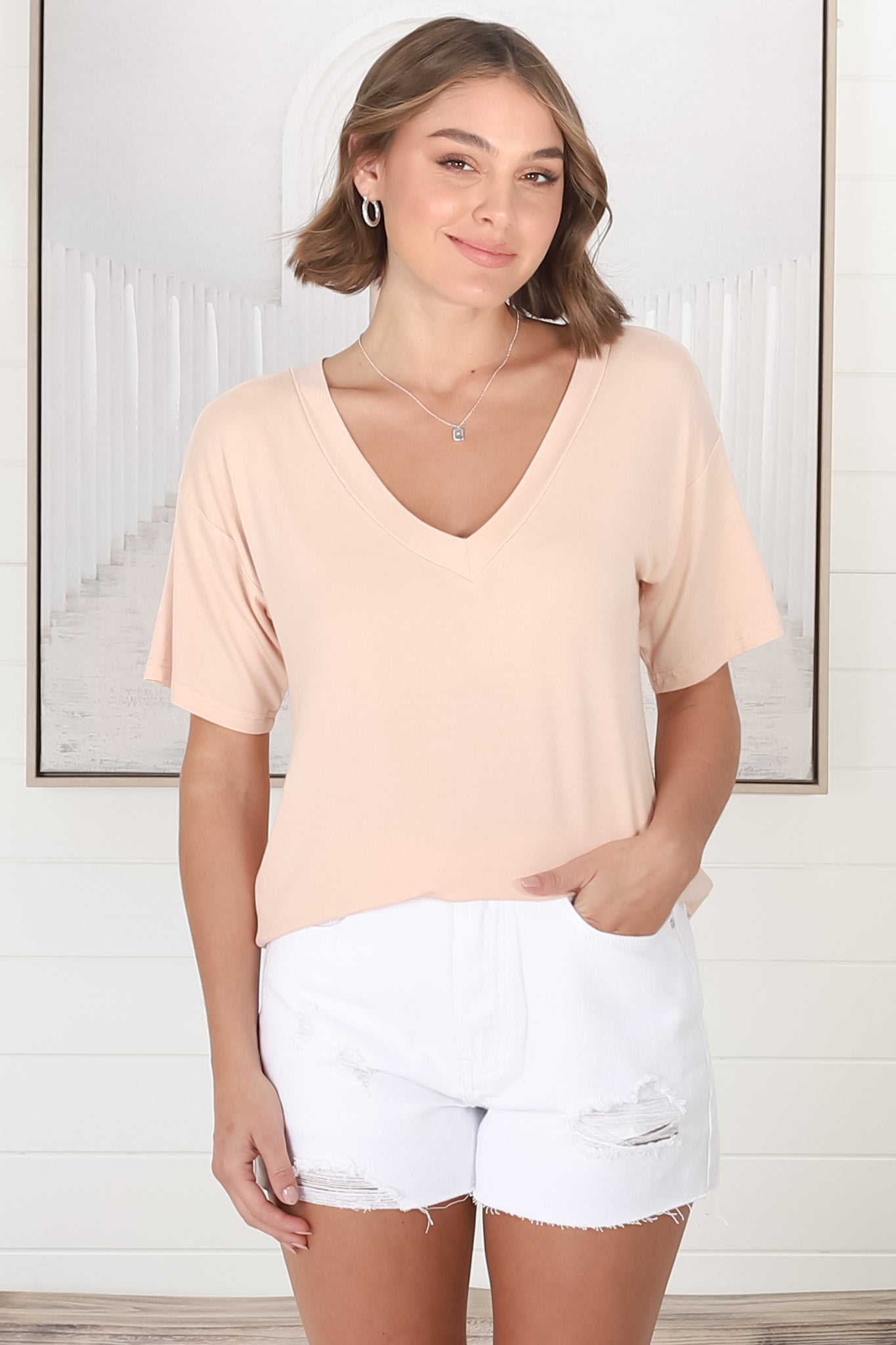 Madi T-Shirt - V Neck Short Sleeve Stretchy Tee in Beige