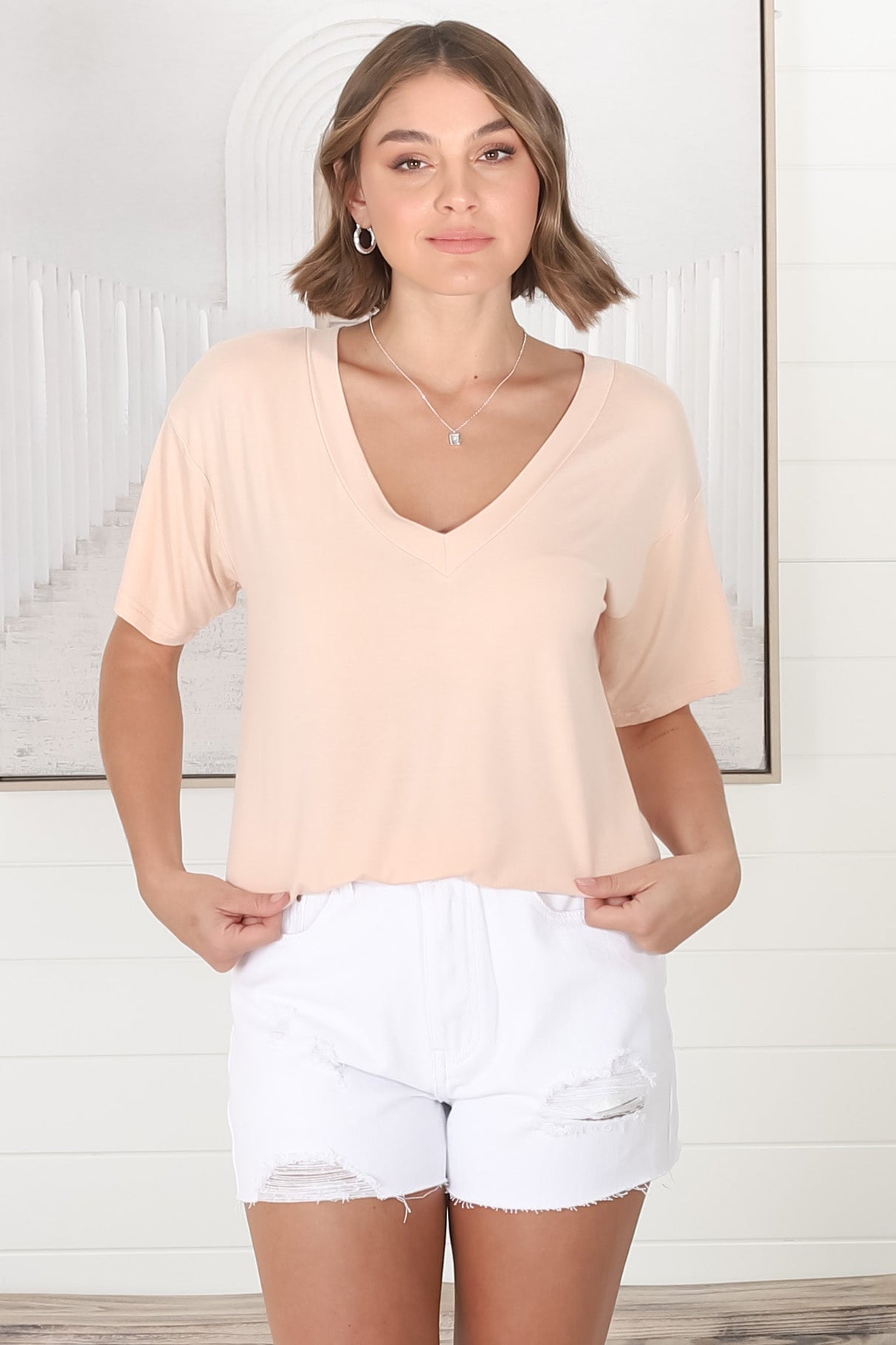 Madi T-Shirt - V Neck Short Sleeve Stretchy Tee in Beige