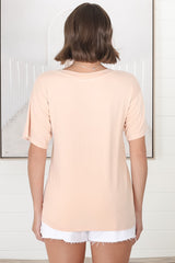 Madi T-Shirt - V Neck Short Sleeve Stretchy Tee in Beige