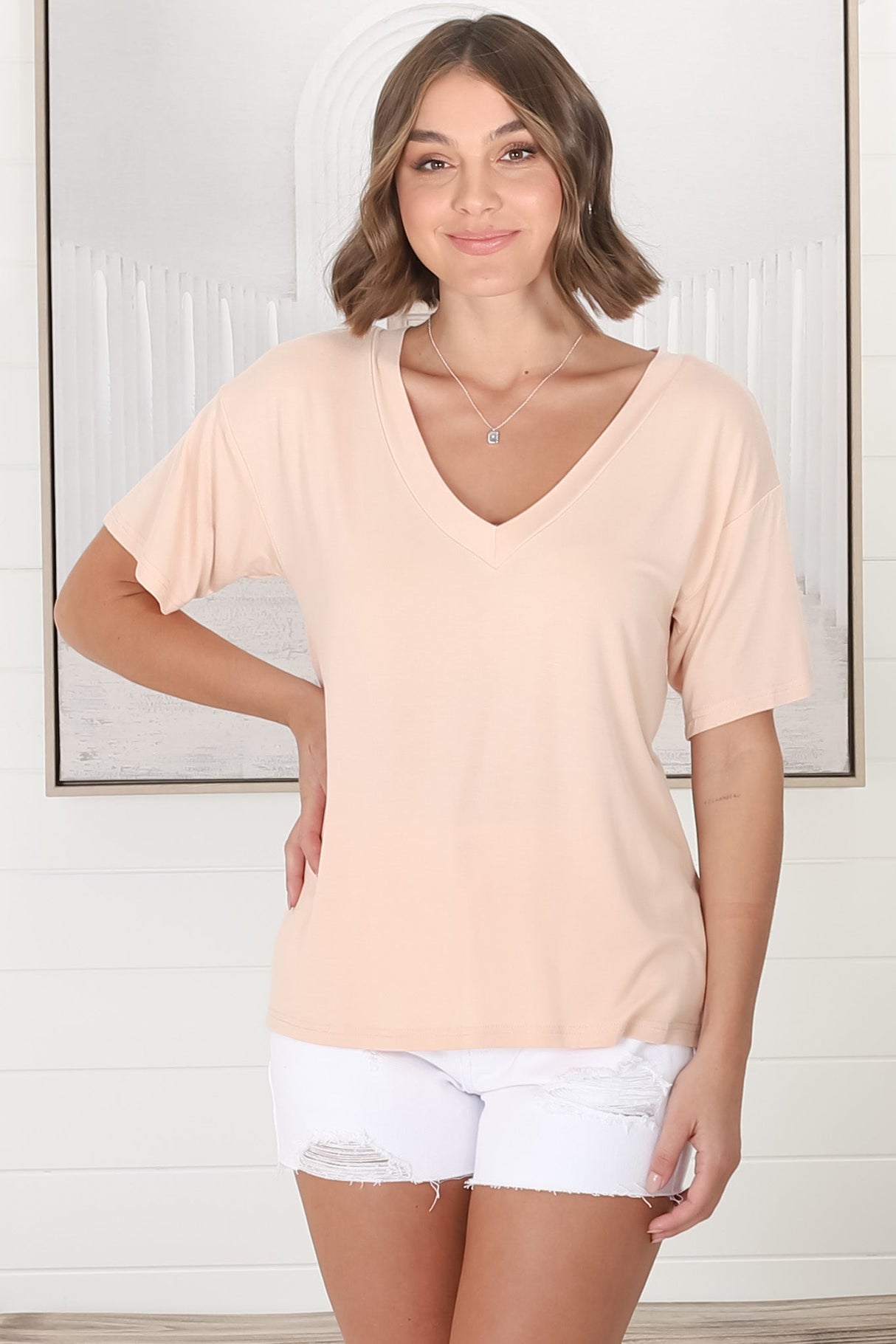 Madi T-Shirt - V Neck Short Sleeve Stretchy Tee in Beige